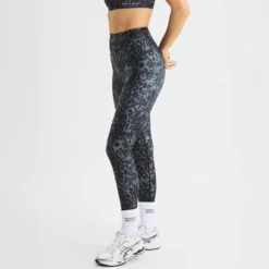 Printed High Waist Tights, Grey Leo Print