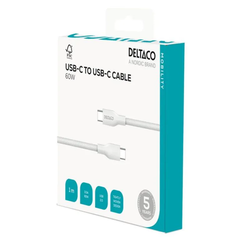 USB-C till USB-C Flätad Laddningskabel 60W 1m, Vit