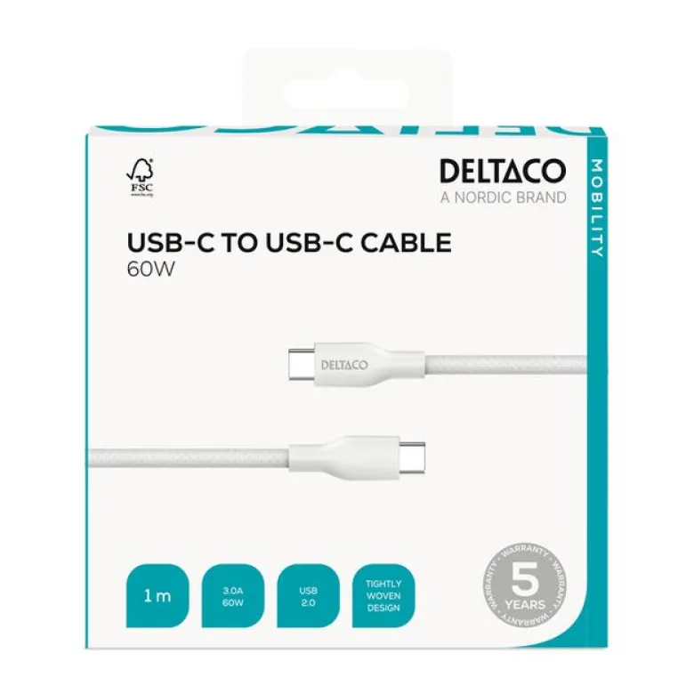 USB-C till USB-C Flätad Laddningskabel 60W 1m, Vit
